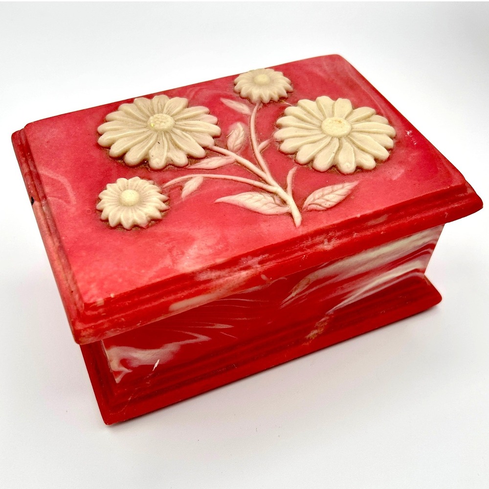 Vintage Music And Jewelry Box Faux Marble Resin Daisy Floral Red Pink White